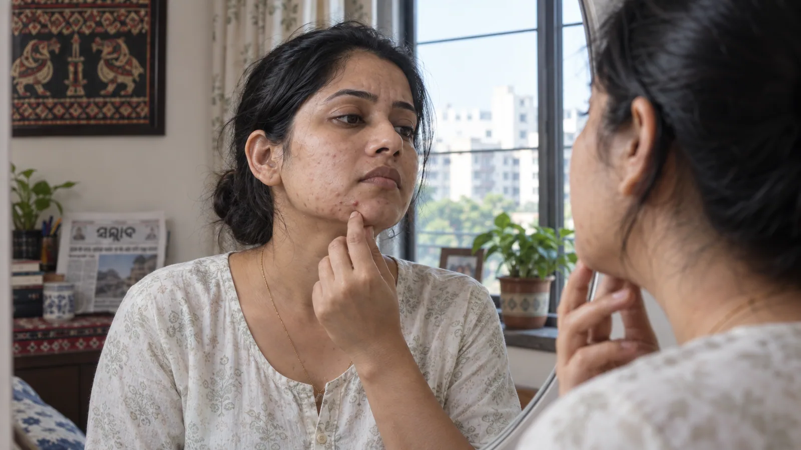 Person examining acne scars and active acne in a mirror