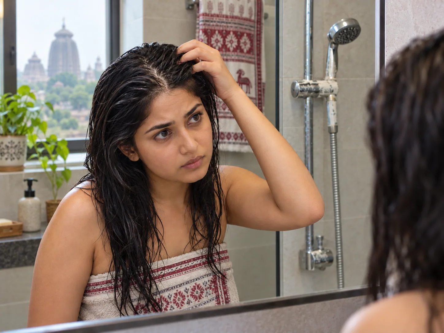 Person examining wet hair and scalp after washing