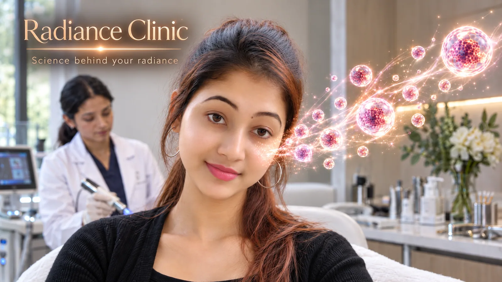 Illustration of a patient in a clinical skin-care setting with cellular science imagery