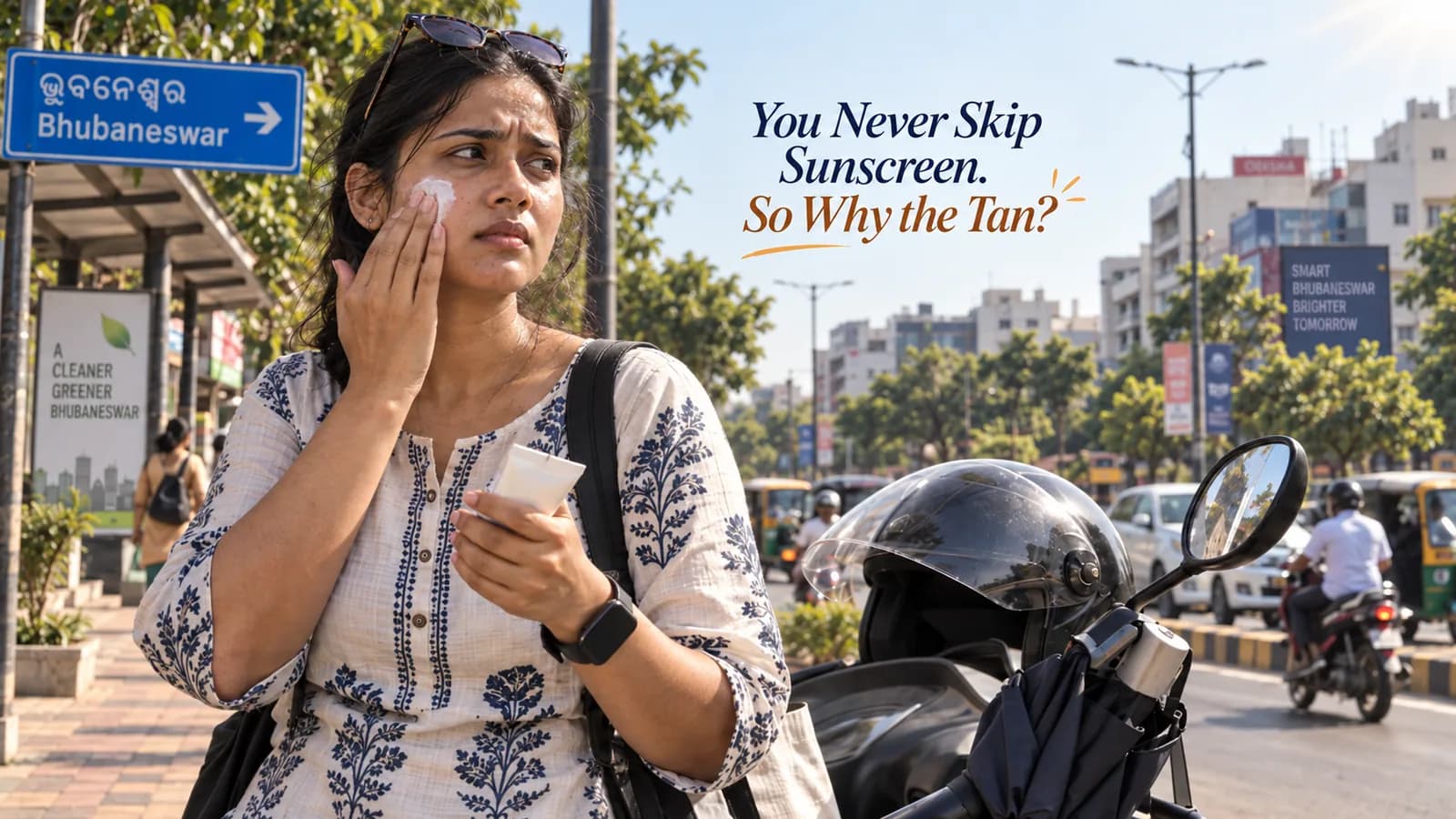 Woman applying sunscreen outdoors in Bhubaneswar sun