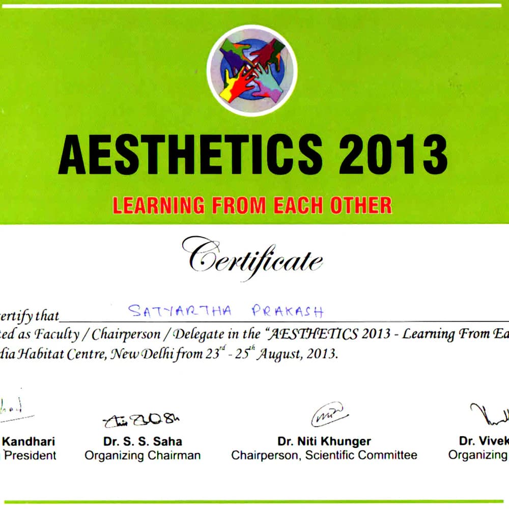 Aesthetics 2013 Learning From Each Other Certificate - Radiance Clinics
