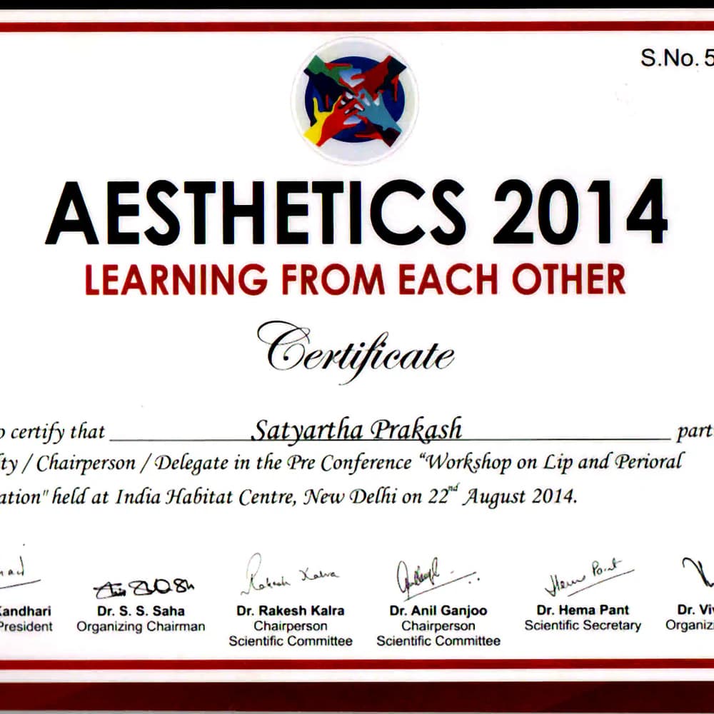 Aesthetics 2014 Lip And Perioral Rejuvenation Certificate - Radiance Clinics