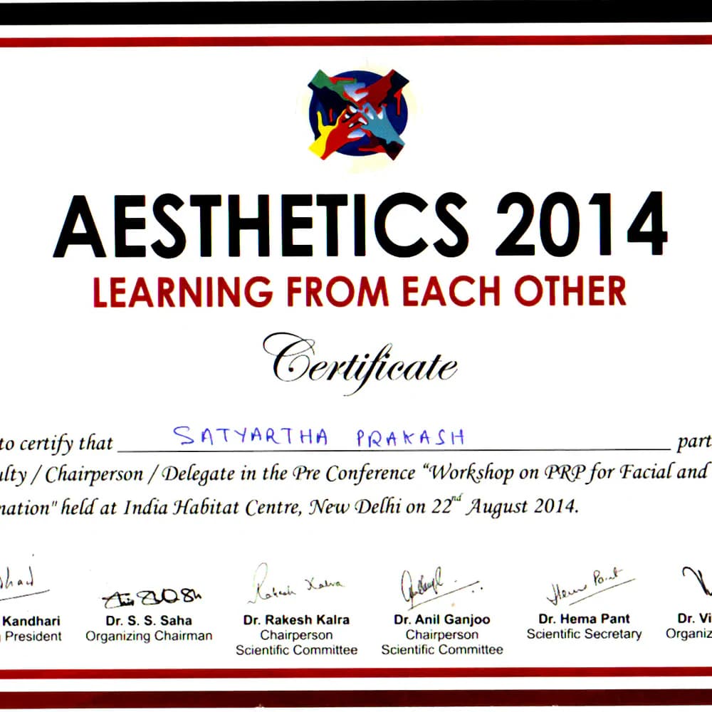 Aesthetics 2014 Prp Facial And Hair Rejuvenation Certificate - Radiance Clinics