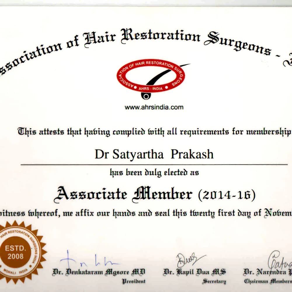 Ahrs India Aesthetic Member Certificate 2014 - Radiance Clinics
